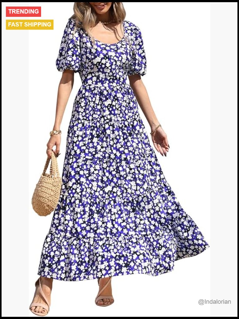 Puff Short Sleeve Floral Maxi Dress With Tiered Hem